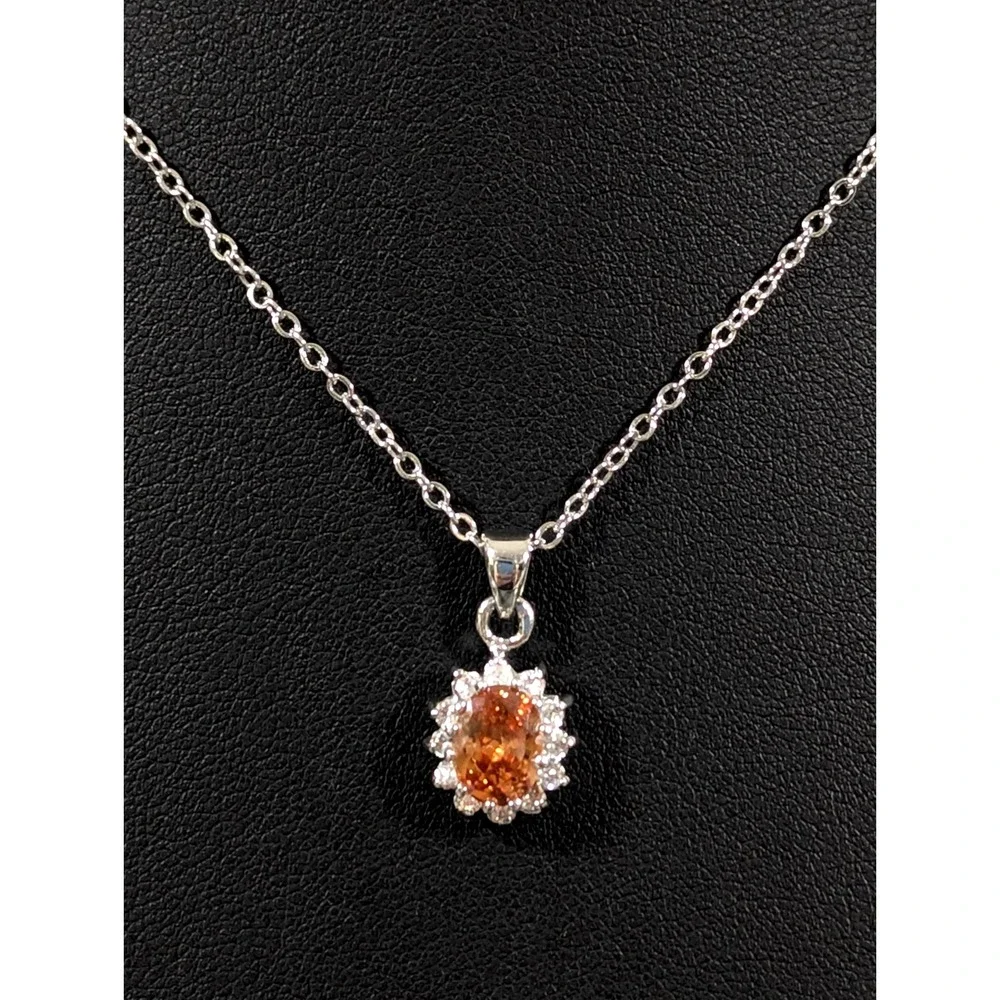 Faux Topaz CZ Oval Charm Necklace Halo Crystal Silver Tone Birthstone‎ 18 inch